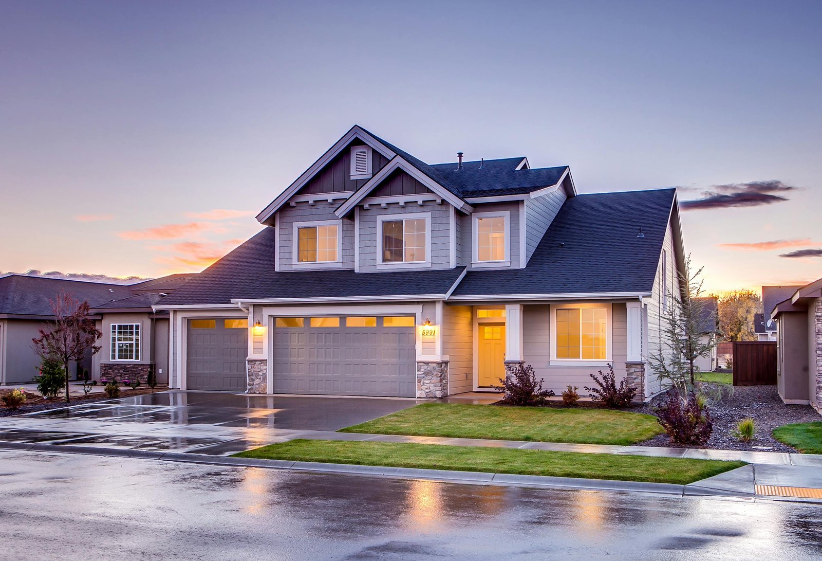 Two-storey Southern California home photographed at twilight